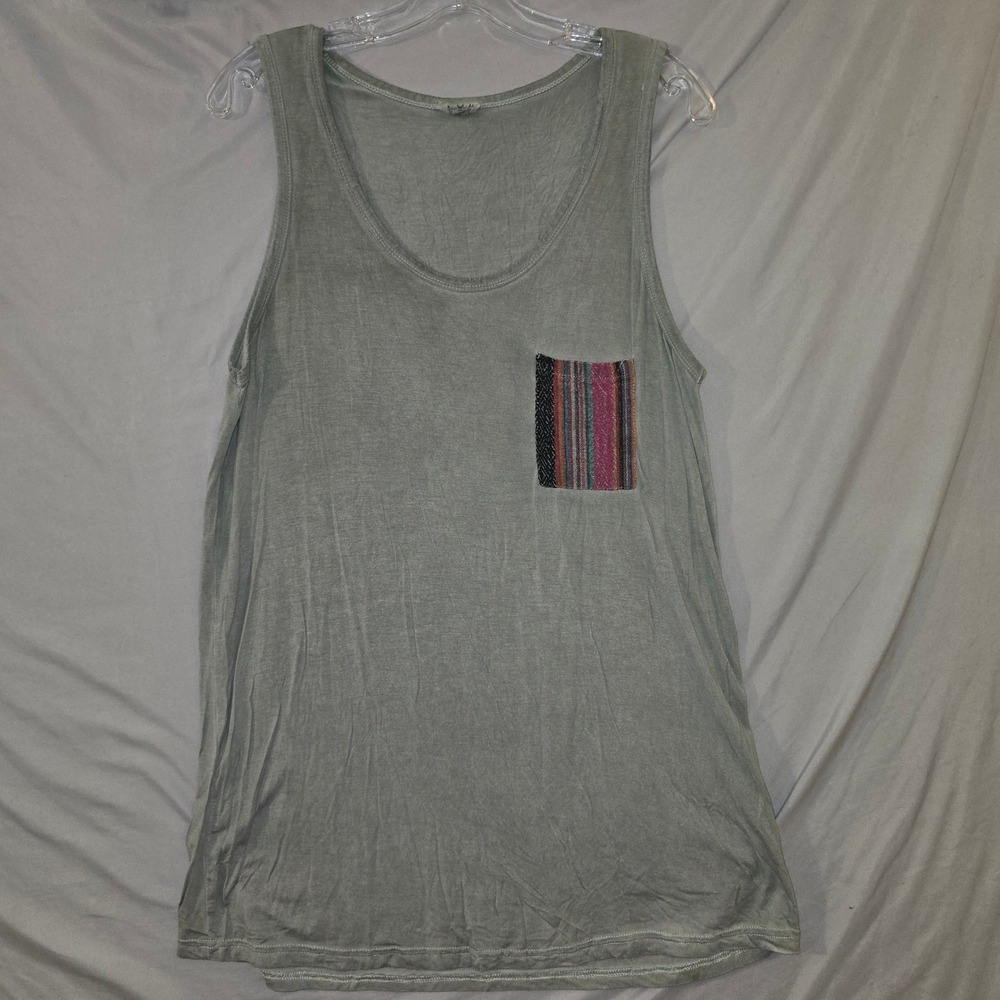 POL Tank Top Large Women Sage Green Boho Woven Pocket Mineral Wash Scoop Neck